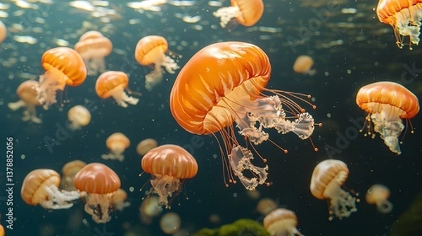 Fototapeta Underwater Scene of Colorful Jellyfish Floating Gracefully in an Ocean Setting