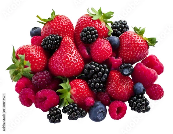 Fototapeta A vibrant mix of fresh strawberries, raspberries, blackberries, and blueberries creates a delicious and visually appealing image, perfect for food blogs, packaging, or healthy lifestyle publications.
