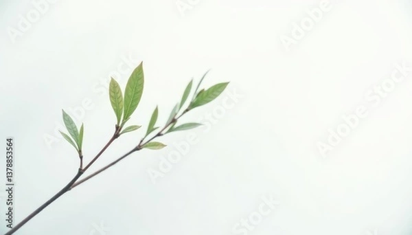 Fototapeta Delicate branch with slender leaves against a white background, delicate, white