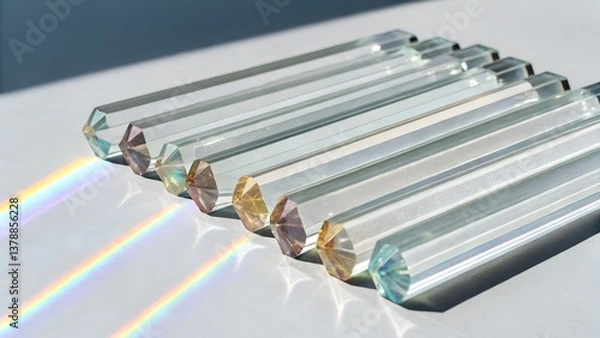 Fototapeta 
Several clear, hexagonal glass or crystal prisms are neatly arranged in a parallel row on a bright white surface. Sunlight streams across them