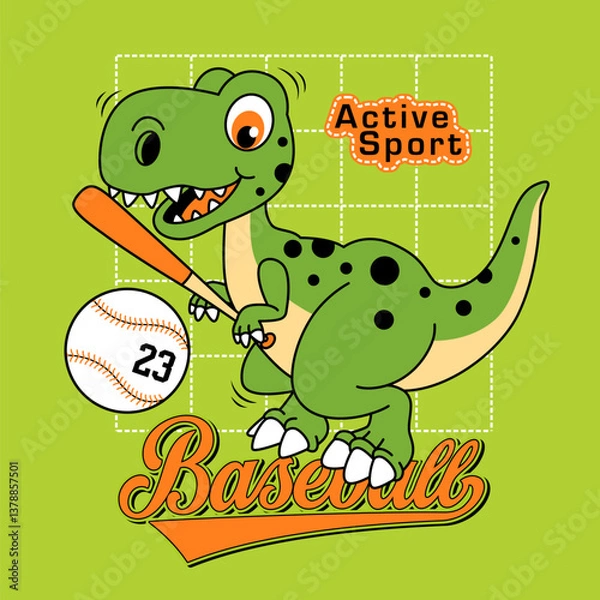 Obraz Cute cartoon dino playing baseball , Flat Vector Illustration