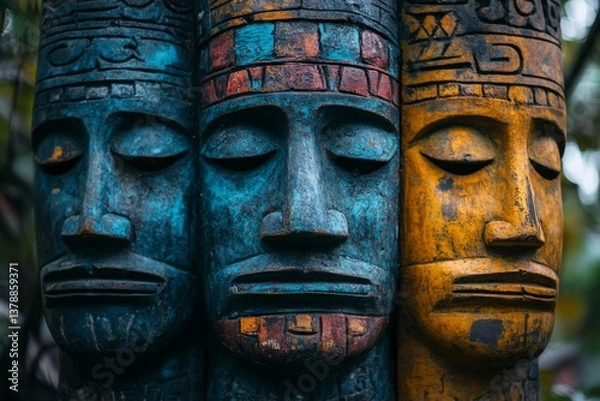 Obraz Three intricately carved wooden figures, featuring vibrant colors and distinct characteristics, embody cultural heritage in a lush garden setting during daytime Generative AI