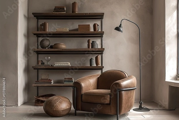 Fototapeta Brown Leather Armchair in Front of Elegant Wooden Shelf with Shelves and Decorative Objects, Soft Gray Rug on Floor, Stylish Black Table Lamp from Ceiling, Nearby Football, 