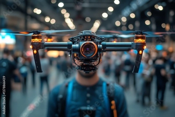 Fototapeta A person stands in a crowded exhibition hall showcasing advanced drone technology and innovative designs, highlighting the growing interest in aerial devices Generative AI
