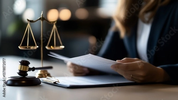 Fototapeta Legal Professional Reviewing Documents with Scales and Gavel at Desk