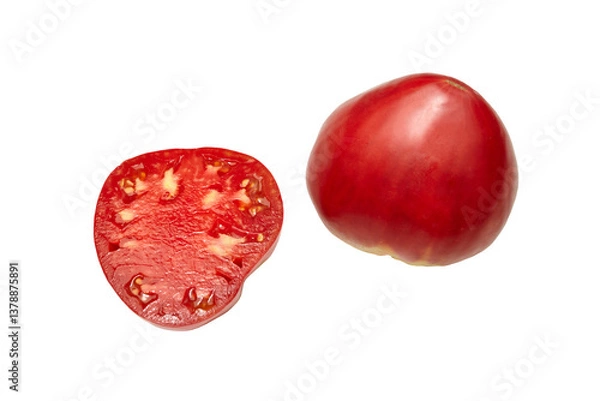 Fototapeta Red tomato whole and cut in half, on white background. Fresh and ripe. Top view