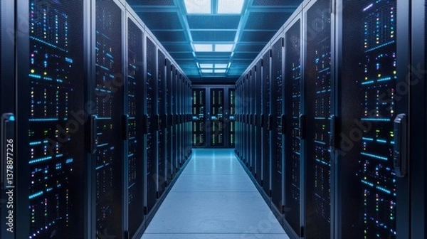 Obraz A sleek, high-tech data center corridor filled with server racks illuminated by cool blue lighting.