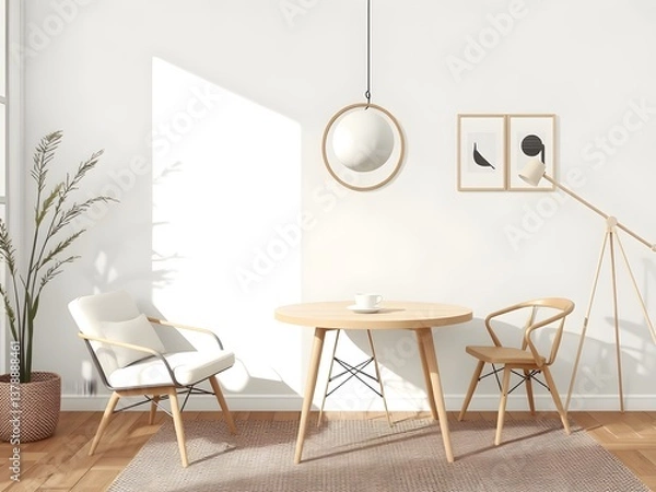 Fototapeta Minimalist Scandinavian living room with a neutral color palette, wooden furniture, natural décor, indoor plants and modern accents