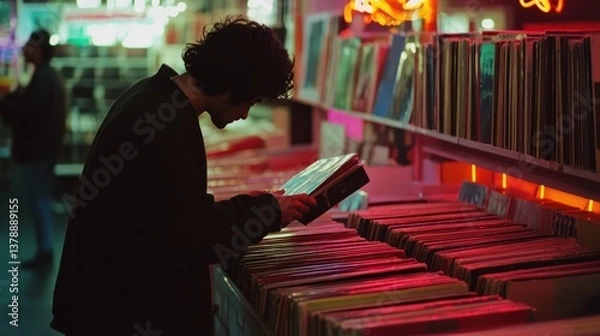 Fototapeta Contemplative shopper flipping through vintage vinyl records in a music store aisle