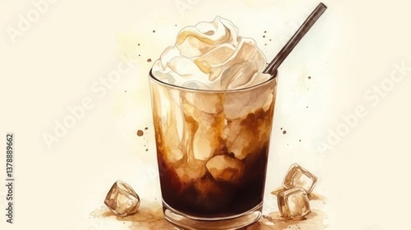 Fototapeta A tempting iced coffee topped with whipped cream and a rich chocolate drizzle, perfect for summer refreshment and coffee enthusiasts.