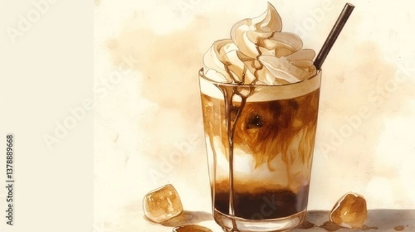 Fototapeta A tempting iced coffee topped with whipped cream and a rich chocolate drizzle, perfect for summer refreshment and coffee enthusiasts.
