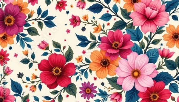 Fototapeta Floral Burst A vibrant floral pattern with bold blossoms and swirls in various colors against a light background.
