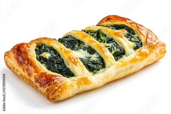Obraz Golden brown puff pastry with spinach and cheese isolated on a white background