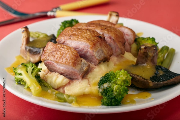 Obraz Seared duck breast on a bed of creamy potatoes with vegetables and an orange sauce.