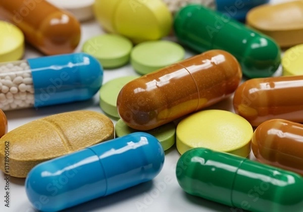 Fototapeta Colorful Capsules and Tablets Close Up Shot. AI Generated