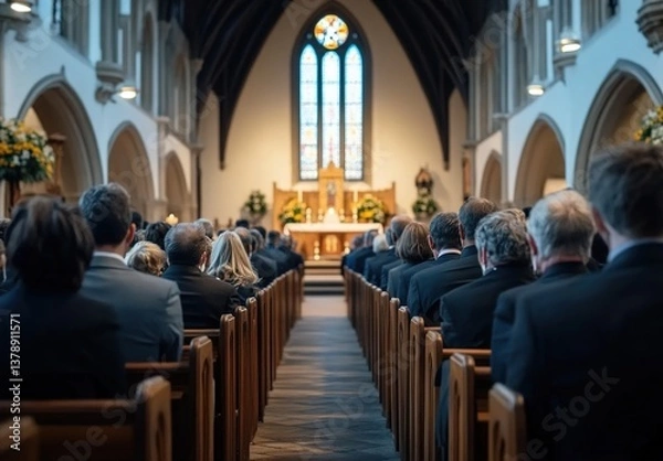 Fototapeta A church interior with rows of pews facing an altar, vibrant stained glass windows casting colored light, solemn atmosphere, longitudinal architectural perspective, detailed religious decor