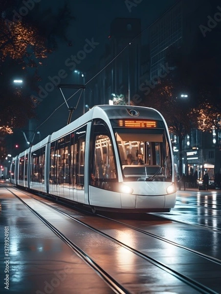 Obraz The urban light rail train runs smoothly in the dark