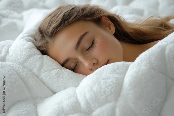Fototapeta A serene young woman peacefully sleeping on a cozy, white blanket, embodying tranquility and relaxation in a calm atmosphere.