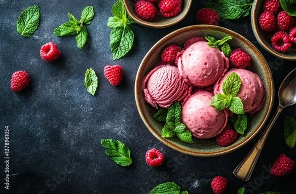 Obraz Creamy raspberry ice cream served with a handful of fresh raspberries and assorted berries in a dish
