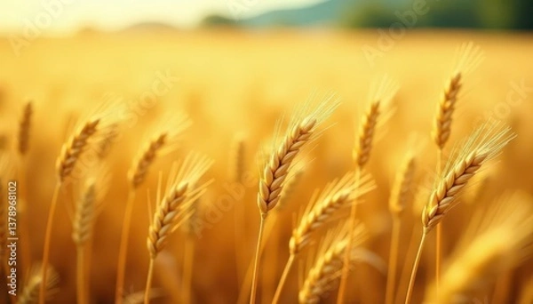 Fototapeta Golden wheat field, gently undulating in a summer breeze , day, stalks, vibrant