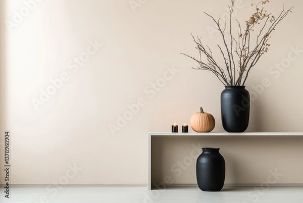 Fototapeta Decorative autumn display with vases and a pumpkin on a minimalist shelf in a contemporary interior setting