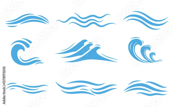 Obraz Water waves ocean, sea, river and lake icon vector collection set