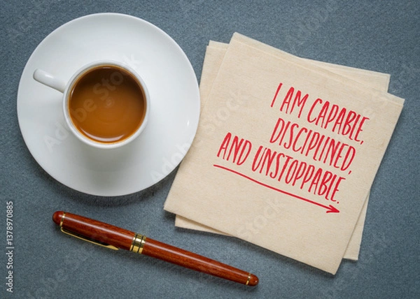 Fototapeta I am capable, disciplined and unstoppable - inspirational positive affirmation on a napkin with coffee