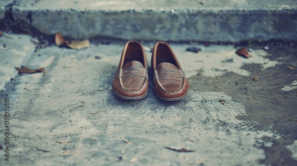 Fototapeta pair of loafers on a minimalist concrete surface, product shoot, full of intricate details, no labels, object focused, png, stock image, hd quality, blog post.