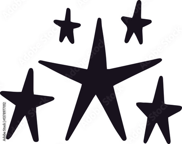 Fototapeta Five black, hand drawn stars arranged against a clean white background create a striking visual, blending simplicity with a touch of whimsy and playfulness in design