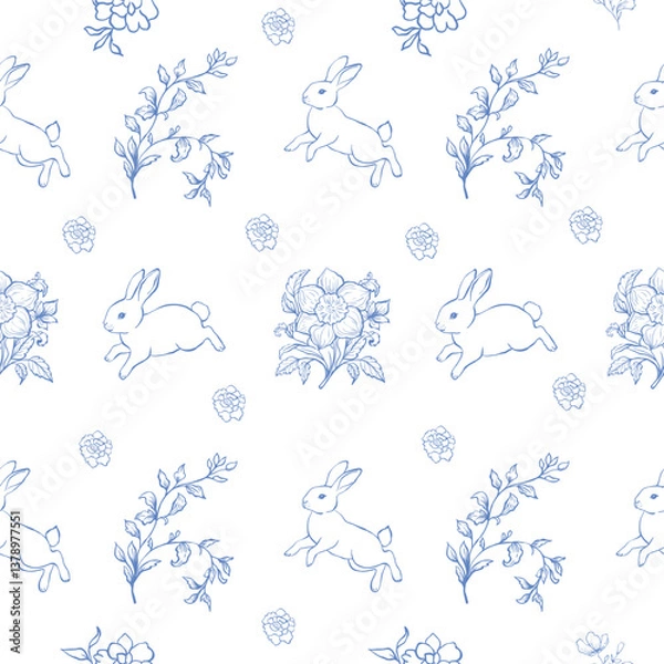 Obraz Line Art Blue Easter Seamless Pattern. Vector Illustration.