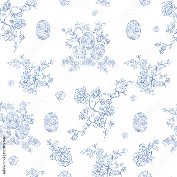 Obraz Line Art Blue Easter Seamless Pattern. Vector Illustration.