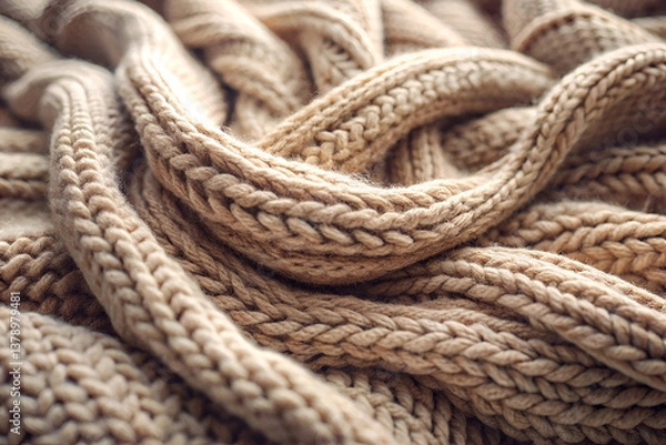 Fototapeta Cozy knitted texture of beige yarn fabric with intricate braided patterns, ideal for crafting and home decor projects, adding warmth to any setting.