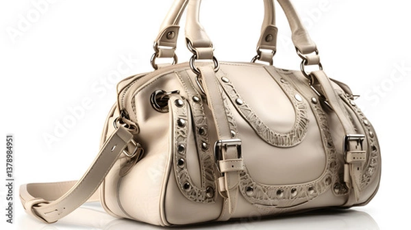 Fototapeta A designer handbag with detailed stitching and metallic accents, natural lighting, soft shadows beneath, no reflections, no background elements, a clean cutout effect, on a pure white background