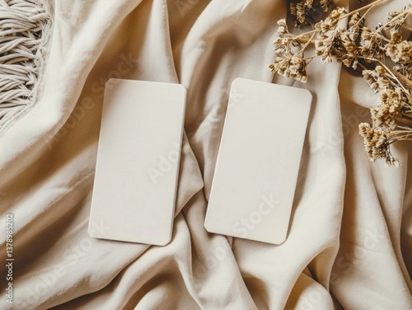 Fototapeta Two of empty blank elongated tarot shaped, white cards paper and dry leaf bush or flower mockup template show business rustic boho retro minimal cloth place table.