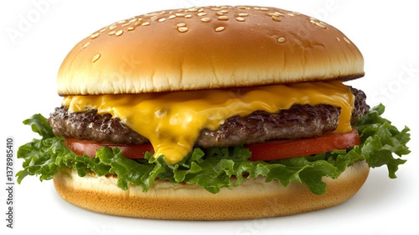 Fototapeta A gourmet cheeseburger with lettuce, tomato, and melted cheese, natural lighting, soft shadows beneath, no reflections, no background elements, a clean cutout effect, on a pure white background.