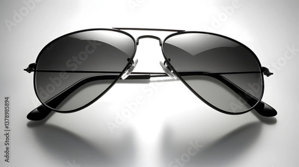 Fototapeta A pair of black sunglasses with a classic aviator frame, natural lighting, soft shadows beneath, no reflections, no background elements, a clean cutout effect, on a pure white background.