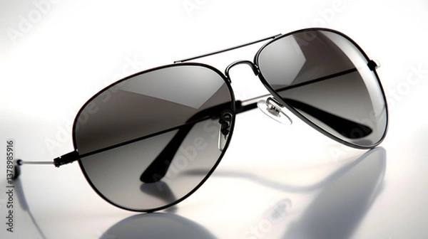Fototapeta A pair of black sunglasses with a classic aviator frame, natural lighting, soft shadows beneath, no reflections, no background elements, a clean cutout effect, on a pure white background.