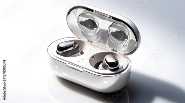 Fototapeta A pair of premium wireless earbuds in an open charging case, natural lighting, soft shadows beneath, no reflections, no background elements, a clean cutout effect, on a pure white background