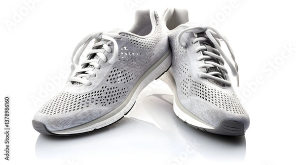 Fototapeta A pair of running shoes with breathable mesh and cushioned soles, natural lighting, soft shadows beneath, no reflections, no background elements, a clean cutout effect, on a pure white background
