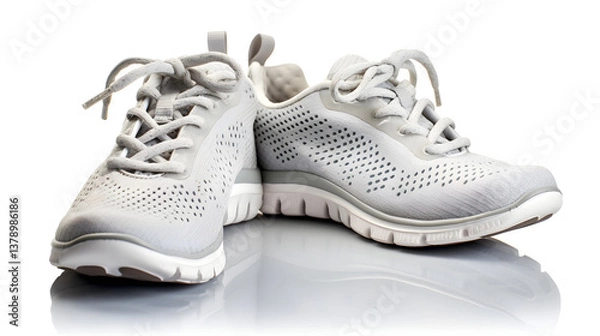 Fototapeta A pair of running shoes with breathable mesh and cushioned soles, natural lighting, soft shadows beneath, no reflections, no background elements, a clean cutout effect, on a pure white background