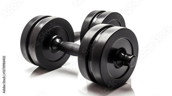 Fototapeta A set of black dumbbells with a rubber coating, natural lighting, soft shadows beneath, no reflections, no background elements, a clean cutout effect, on a pure white background