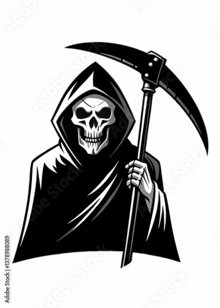 Fototapeta Vector illustration of a grim reaper with a scythe in a menacing black hood.