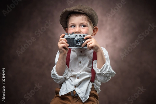 Fototapeta Boy Photographer with Retro Camera making picture against vintage background