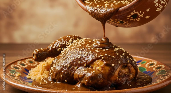 Obraz Authentic mexican mole poblano preparation over chicken and rice dinner dish