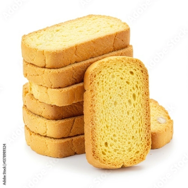 Fototapeta A stack of rectangular rusks with one standing next to it on a white background in close up view