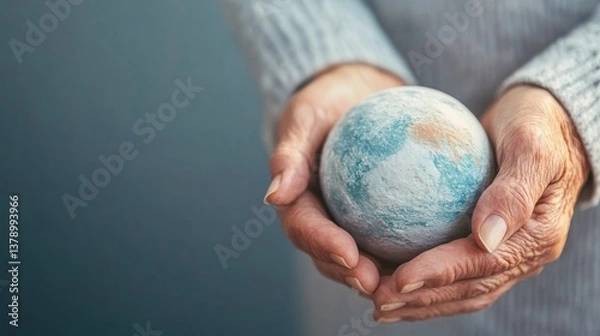 Fototapeta Elderly hands cradling fragile planet, representing wisdom and legacy