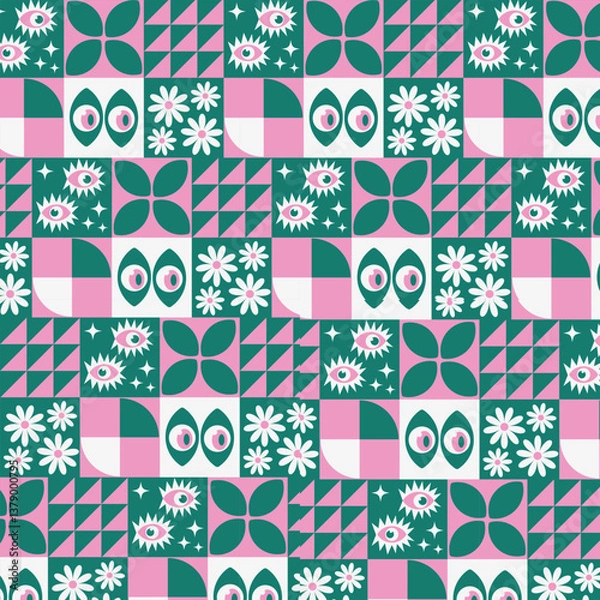 Fototapeta A bright pattern of squares with eyes, geometric shapes, flowers, green and pink.
