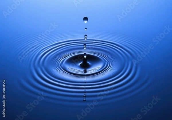 Fototapeta A water drop falling into blue water, creating ripples and waves.