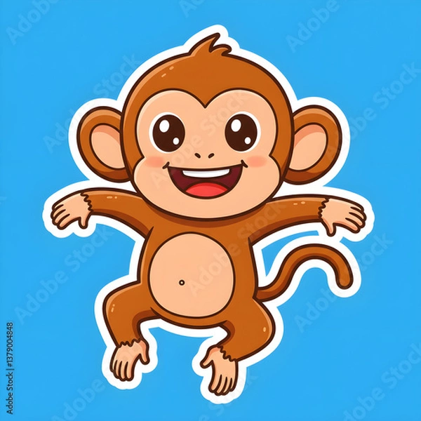 Obraz Cute Cartoon Monkey Sticker with Solid Background – Comic Style - Generated by AI.