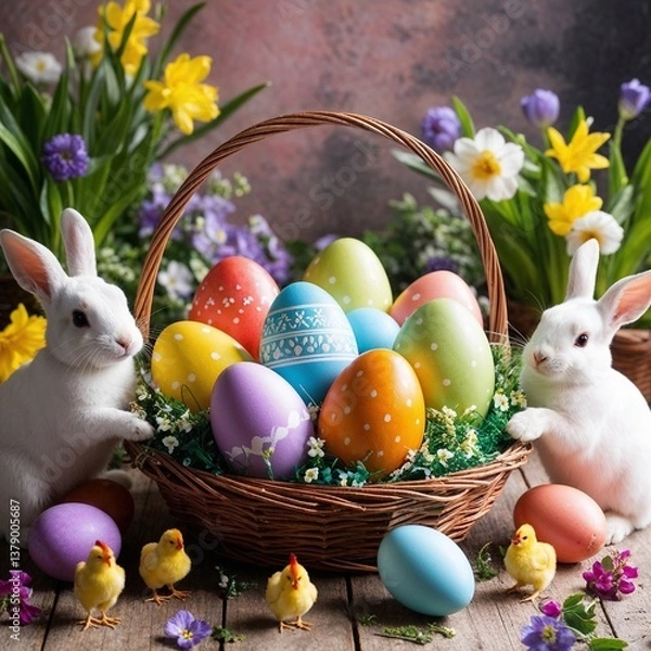 Obraz Easter card with bunnies and colorful eggs in a wicker basket, against a background of spring flowers